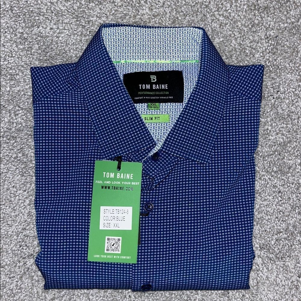 New Tom Baine Performance LS Shirt XXL 18/18.5 Slim Blue Geometric 4 Way Stretch